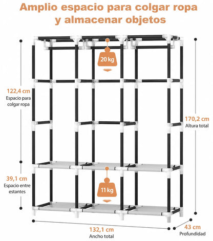 Clóset Portátil Grande con Cubierta, 6 Repisas y 3 Barras para Colgar WARDLORA™
